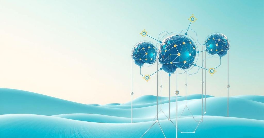 A contemplative scene depicting artificial intelligence, featuring digital brains and technology in a serene color palette.