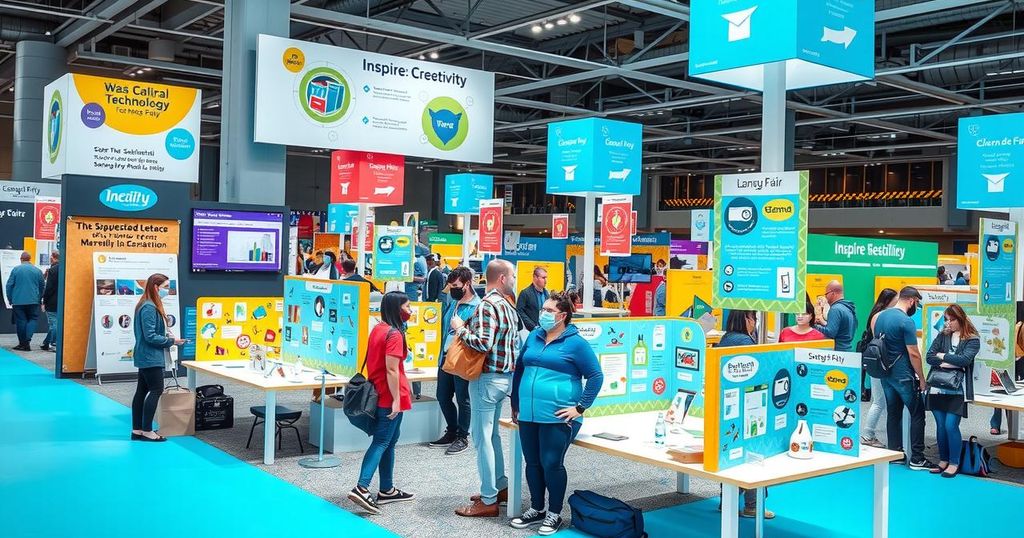 A vibrant science fair featuring innovative tech projects displayed on tables, with engaging workshop areas.