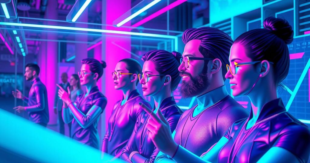 Futuristic digital avatars representing creators in a virtual environment, emphasizing technology and connectivity.