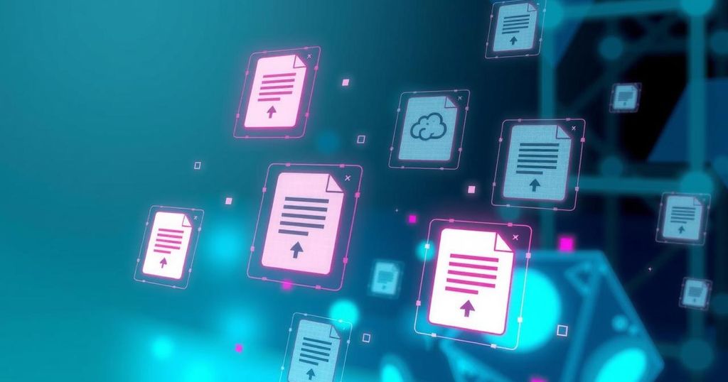 An abstract tech-themed background with floating data icons and a color palette of blue and green.