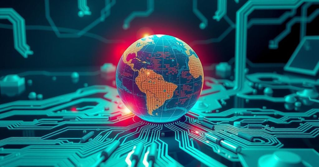 A digital landscape with interconnected circuits and a globe, symbolizing transatlantic tech cooperation and democracy.