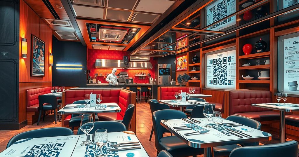 A modern restaurant scene showcasing technology with QR menus and robotic chefs, reflecting NYC's dining evolution.