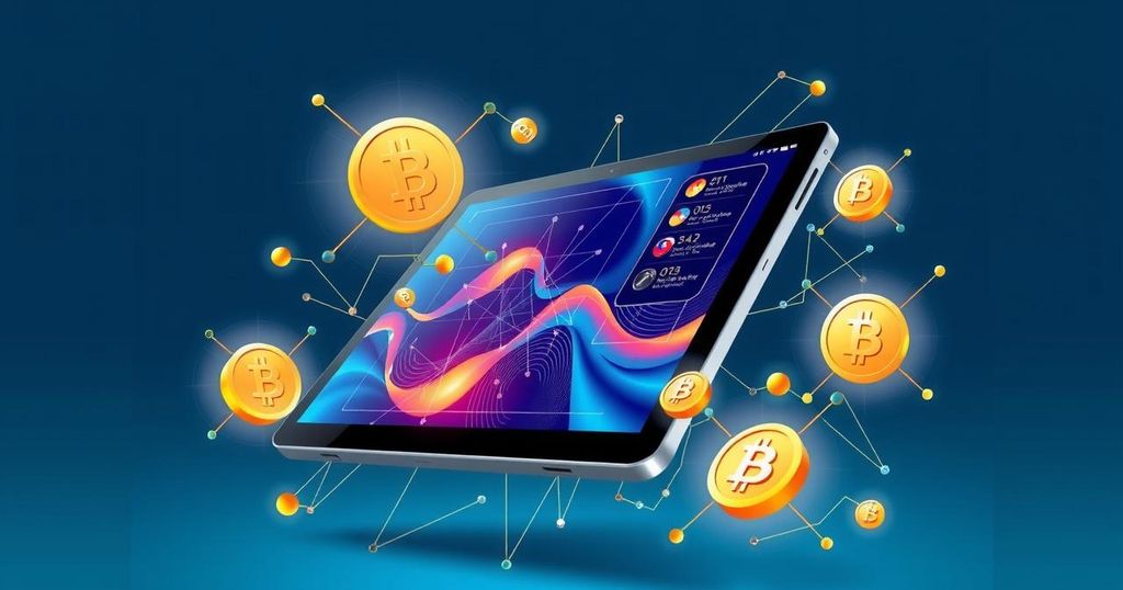 A conceptual representation of innovative cryptocurrency mining technology with a modern tablet and digital motifs.