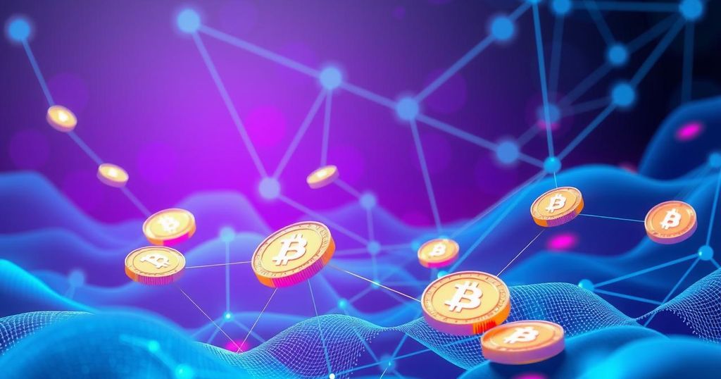 Futuristic digital landscape symbolizing cryptocurrency growth, featuring blockchain nodes and abstract coins in vibrant colors.