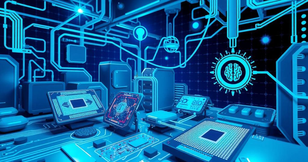A tech landscape featuring AI, chips, and digital innovation symbols, showcasing futuristic tech advancements in blue tones.