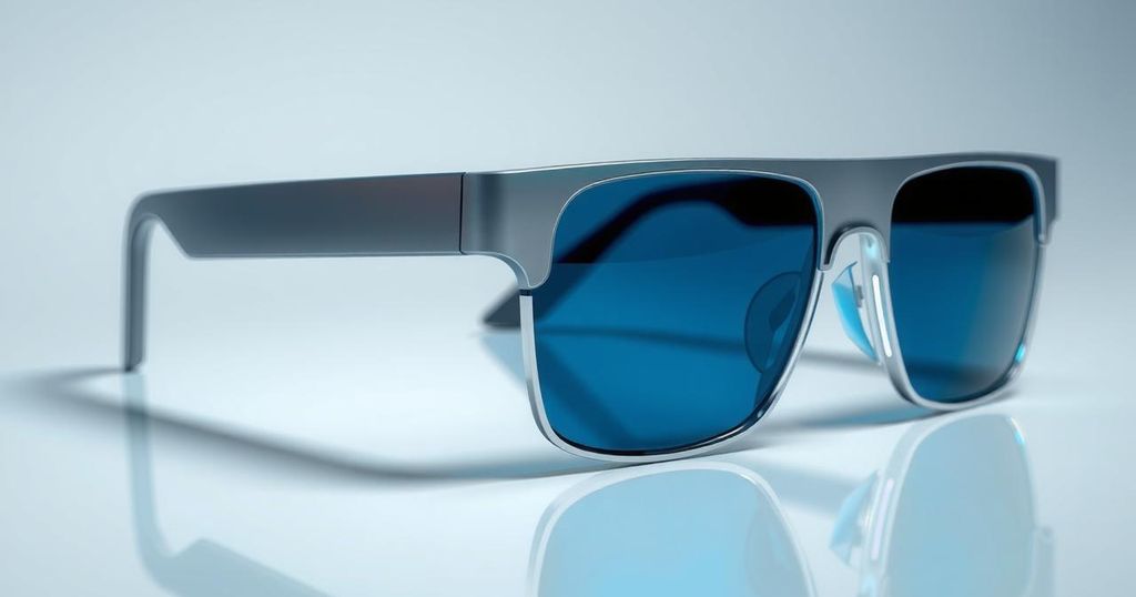 AI smart glasses design showcasing modern technology and sleek aesthetics with a tech-inspired color scheme.