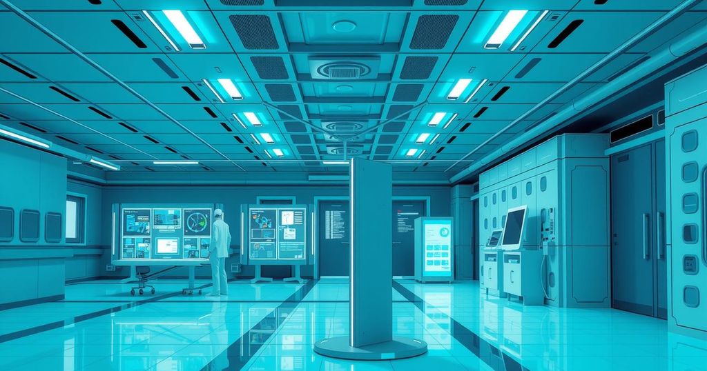 A digital representation of AI technology in healthcare with futuristic elements and soothing color palette.