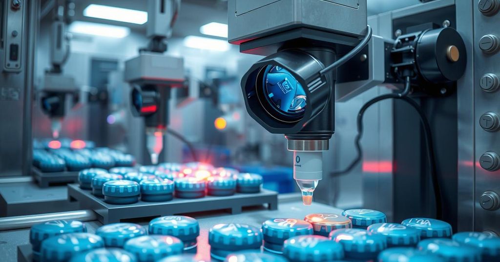 A sleek, modern inspection machine with high-resolution cameras inspecting bottle caps in a factory setting.