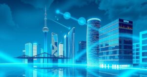 A futuristic cityscape illustrating advanced technology, featuring large data centers and AI-driven systems, in blue tones.