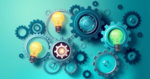 Abstract illustration of ethical AI procurement process in government settings, featuring gears and lightbulbs in a blue-green palette.