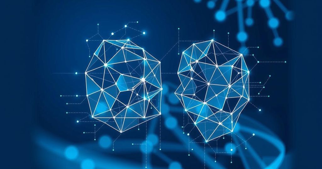 Two futuristic technologies merging, represented by abstract shapes, with a blue and gray color scheme and geometric patterns.