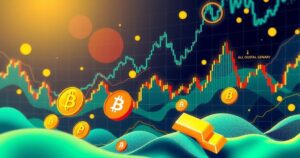 A dynamic stock market scene with fluctuating graphs, colorful line charts, and symbols of technology, finance, and gold.