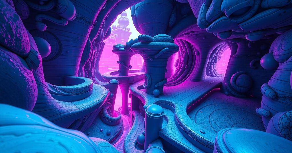 A digital landscape symbolizing distorted reality influenced by AI discussions.
