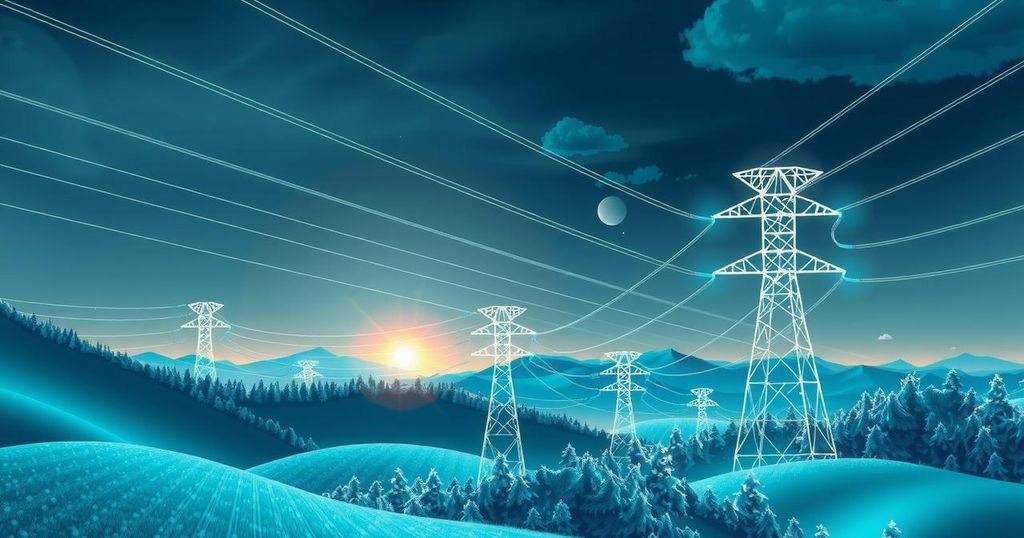 A conceptual representation of energy power lines and AI technology, symbolizing the synergy of energy and innovation.