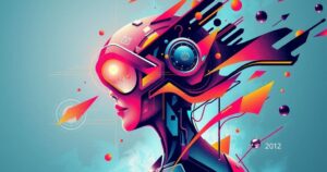 Abstract representation of artificial intelligence effecting job market change with bright colors and dynamic shapes.