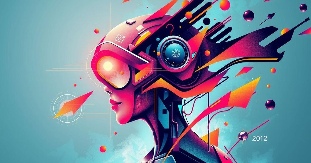 Abstract representation of artificial intelligence effecting job market change with bright colors and dynamic shapes.