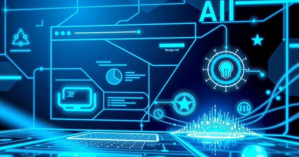 Futuristic web browsing scene with abstract AI elements and digital interfaces in cool color hues.