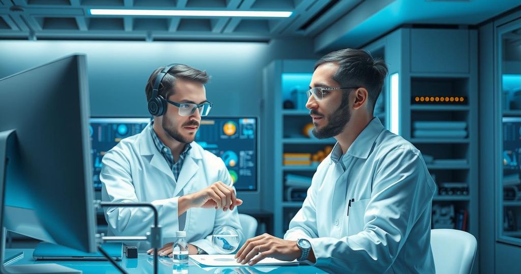 Two AI researchers collaborating in a high-tech lab environment, emphasizing innovation and teamwork.