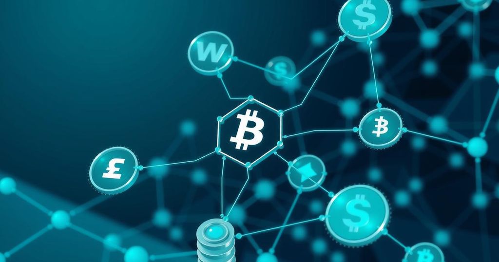 A digital network with stylized blockchain elements and geometric patterns in blue and green tones.