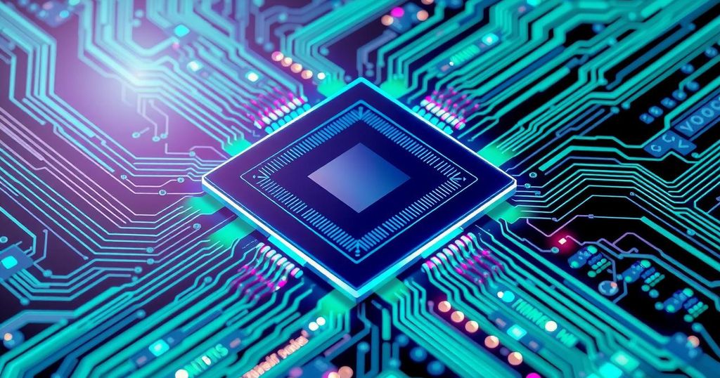 A modern computer chip with digital patterns illustrating advanced processing technology, colored in vibrant blues and greens.