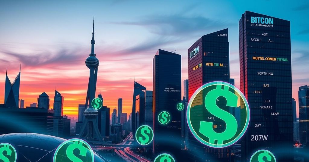 A symbol of cryptocurrency growth and innovation with a modern city skyline under a blue and green color scheme.