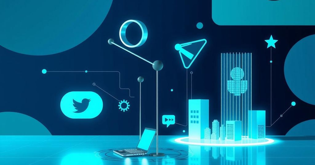 A stylized representation of AI and social media regulation in Australia with abstract shapes and cool colors.
