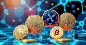 Colorful cryptocurrencies with Bitcoin and XRP symbols on a digital interface in a futuristic design.