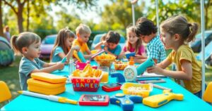 A colorful, educational scene depicting a summer camp with technology and snack elements, featuring vibrant colors and playful design.