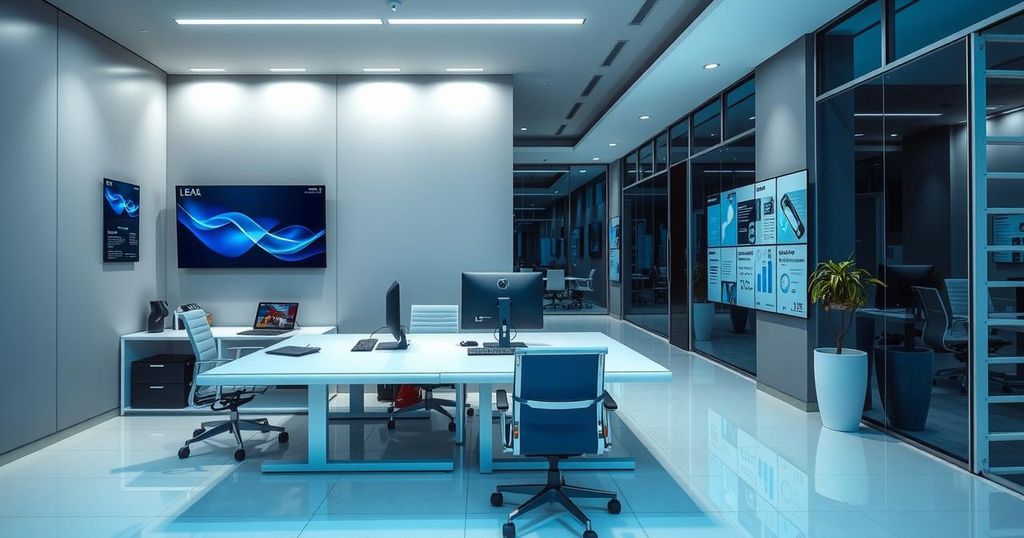 A modern law office with legal tech devices and a sleek design, showcasing innovation in the legal field.