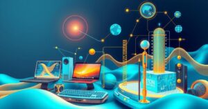 A futuristic tech landscape illustrating the concept of innovation and artificial intelligence with bright colors.