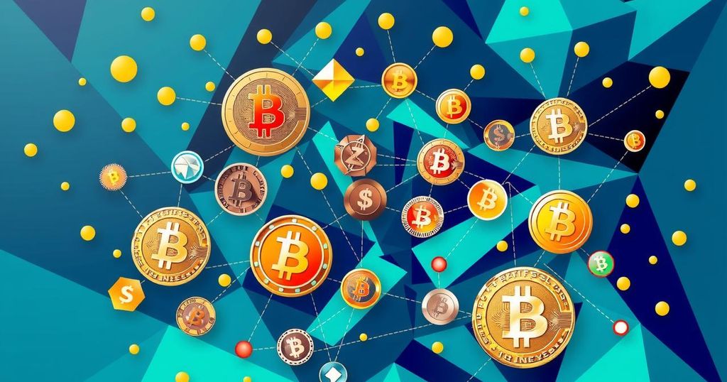 Colorful digital representation of cryptocurrency symbols and blockchain concepts in an abstract style.