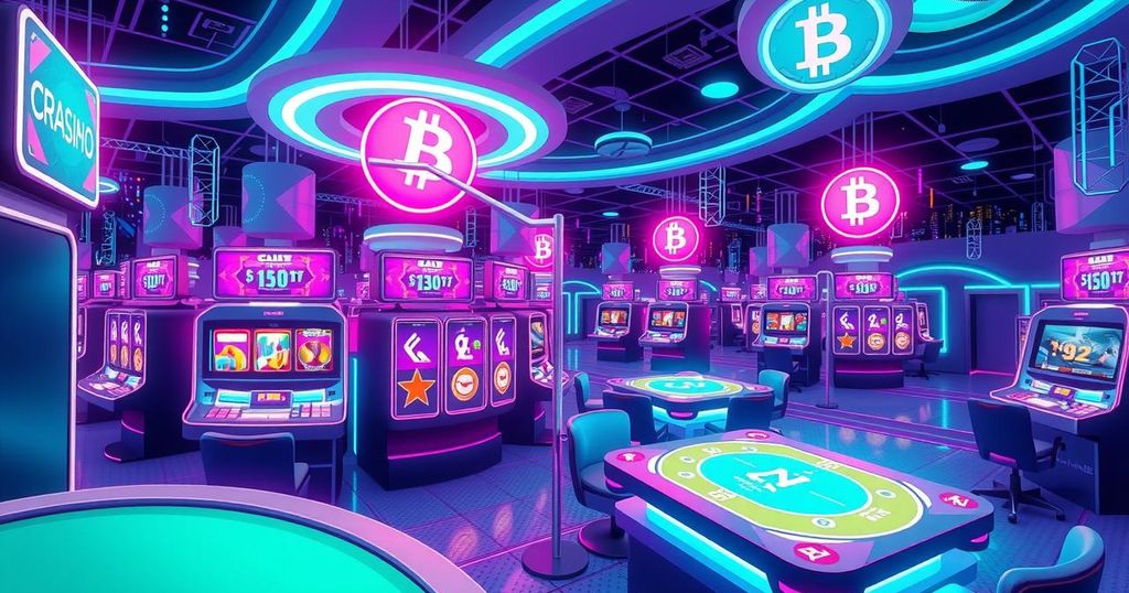 A dynamic digital graphic representing the innovative world of crypto casinos with blockchain elements and game features.