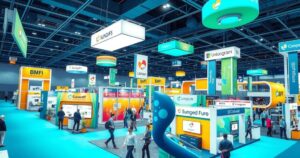 A bustling supply chain expo showcasing global collaboration and innovation in a modern setting with vibrant colors.
