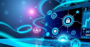 An abstract digital workspace showcasing a futuristic AI desktop interface with vibrant colors and seamless connectivity.