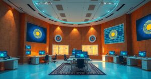 A view of an AI lab with advanced technology and screens showing Kazakh symbols and digital graphics.