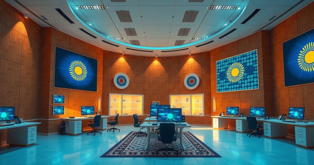 A view of an AI lab with advanced technology and screens showing Kazakh symbols and digital graphics.