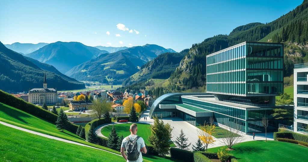 A vibrant depiction of Crypto Valley in Zug, showcasing modern buildings symbolizing blockchain technology amid serene landscapes.