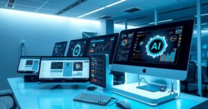 A futuristic office with advanced technology and AI elements, symbolizing productivity and innovation in the workplace.