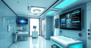 A modern healthcare facility showcasing advanced technology and AI solutions for patient care and screening.