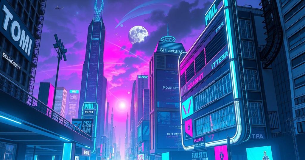 Futuristic cityscape with advanced technology and AI themes in vibrant neon colors.