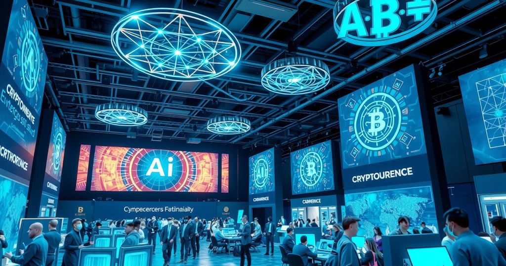 A vibrant summit scene showcasing technology and innovation in AI and crypto at the National Press Club.