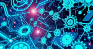 A vibrant technological landscape showcasing AI advancements, gears, and digital elements with a blue and green color scheme.