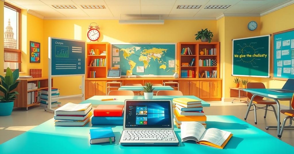 A visual representation of education technology illustrating tools, books, and digital devices in vibrant colors.
