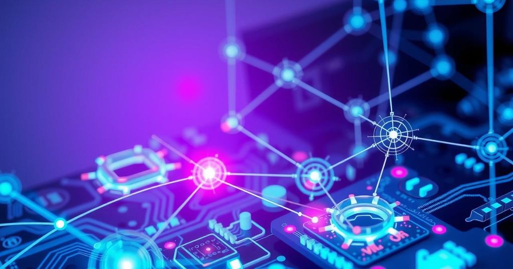 an abstract representation of AI technology with circuitry and glowing nodes, showcasing competition in innovation
