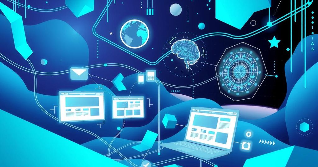A digital landscape with abstract representations of websites and AI technology symbolizing the fight against online scams.