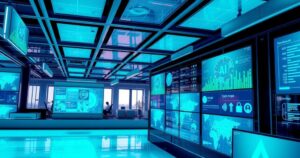 A futuristic office environment featuring advanced AI technology, showcasing a digital interface with vibrant colors.