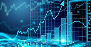 A digital representation of AI stock growth with abstract graphs, tech elements, and a futuristic color palette.