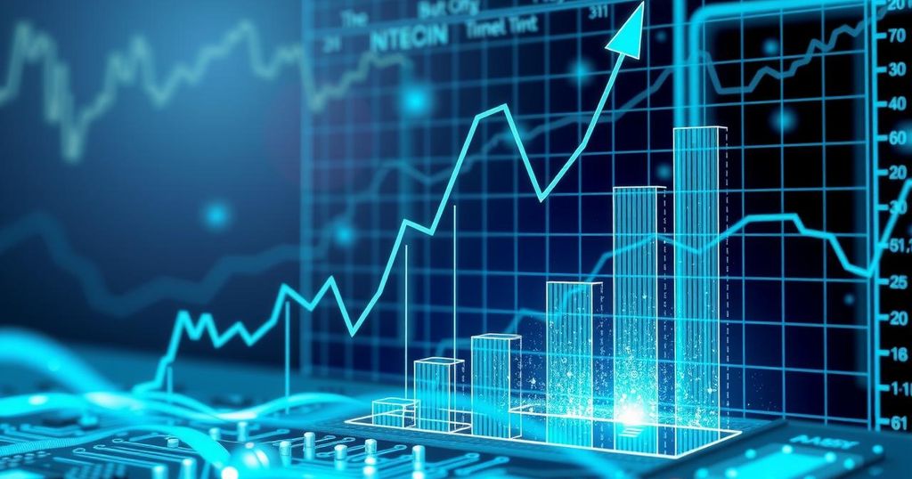 A digital representation of AI stock growth with abstract graphs, tech elements, and a futuristic color palette.