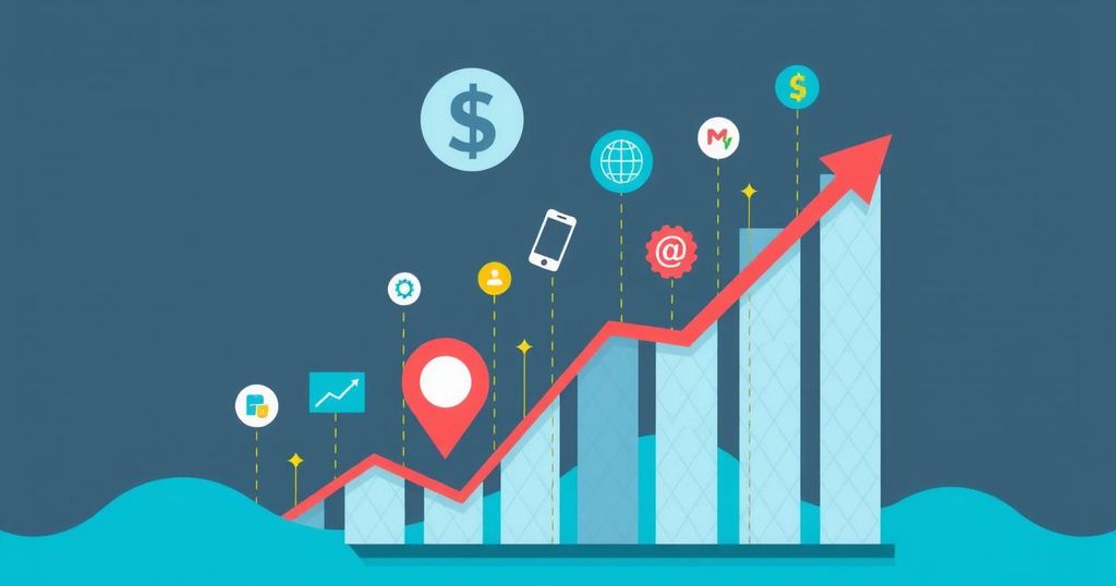 A business graph trending downward against a backdrop of technology symbols and colors conveying caution and growth.