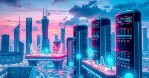 A futuristic city skyline with advanced technology, showcasing data centers and AI elements in a vibrant color palette.